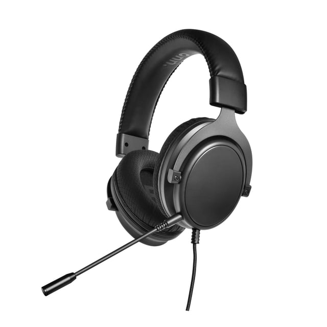 onn. 100027825 Wired Adjustable Over-Ear Gaming Headset with 50 mm speaker drivers shown in a 3/4 front view, featuring a black adjustable padded headband, large circular ear cups with textured foam cushions, detachable boom microphone on the left side, and a braided cable with inline volume and mute controls, ideal for PC gaming communication and immersive audio experience.