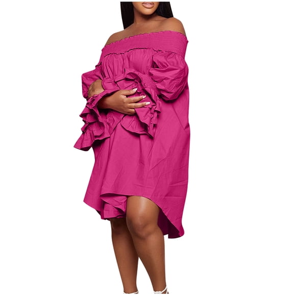 Junior Bridesmaid Dresses Off Shoulder Dress for Women A-Line Ruffle Sleeve Casual Plus Size Midi Pleated Sundress Flowy Dress S-219 Hot Pink-A M