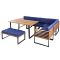 thumbnail image 3 of Gymax 8PCS Patio Dining Set Acacia Wood L Shaped Sectional Sofa Set w/ Navy Cushions, 3 of 6