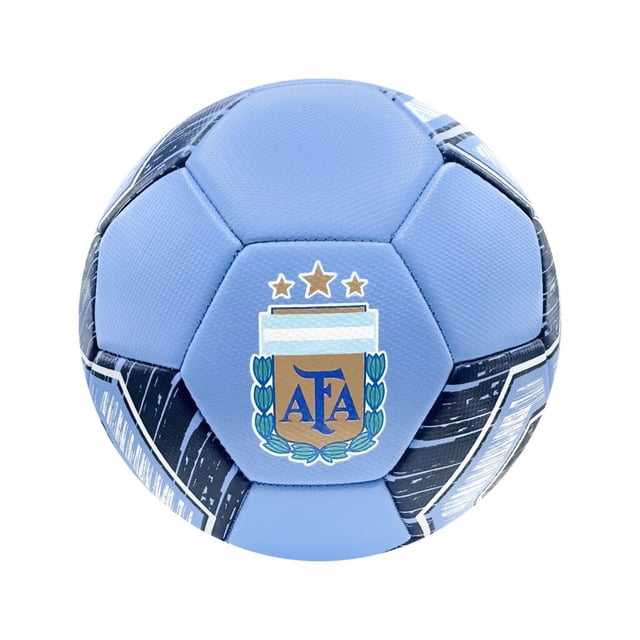 Argentina - World Cup 2026 Blue AFA Soccer Ball (Size 5) Regulation size 5 front-facing blue PVC ball with vibrant printed Argentina AFA crest, dual-layer backing over 2.5 mm foam, rubber bladder and stitched panels on a white background. Often used for training drills.