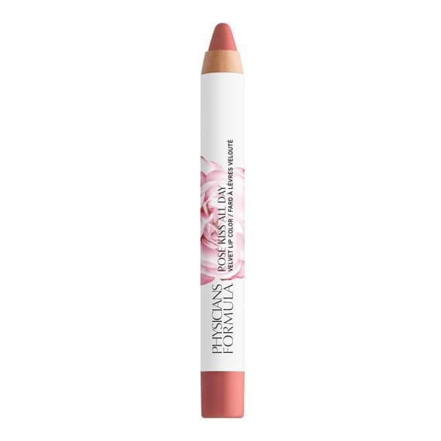 Rosé Kiss All Day Glossy Lip Color - I Do, a slim white lip crayon with pink rose graphics and black text, showing a muted rose shade tip and base, featuring an antioxidant-rich, glide-on formula with rose water and vitamin C for hydrating, comfortable lip color ideal for daily use.