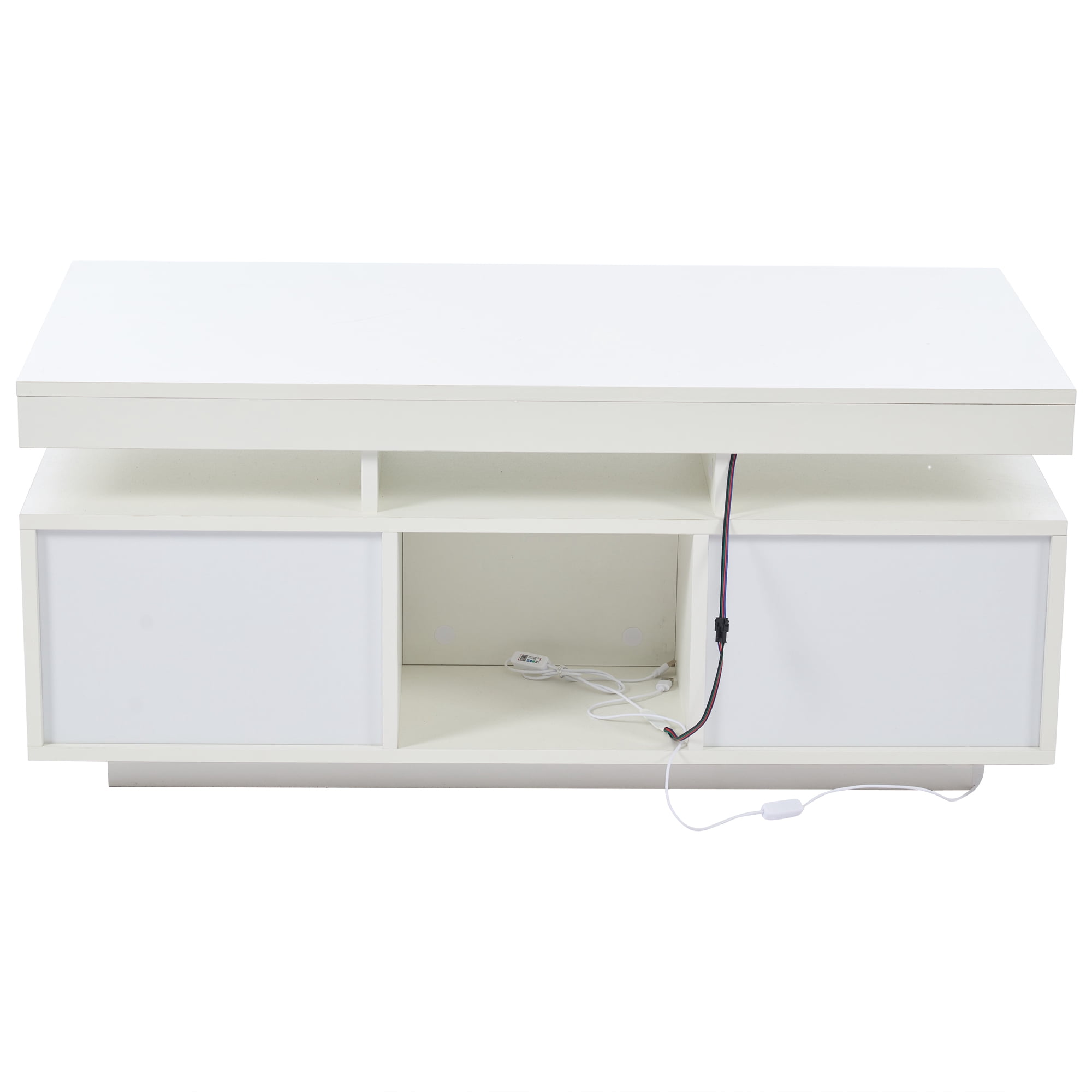 Noble House Table basse haute brillance avec lumières LED, Ports et prises USB, Centre 2 portes et Table d’appoint canapé, blanc