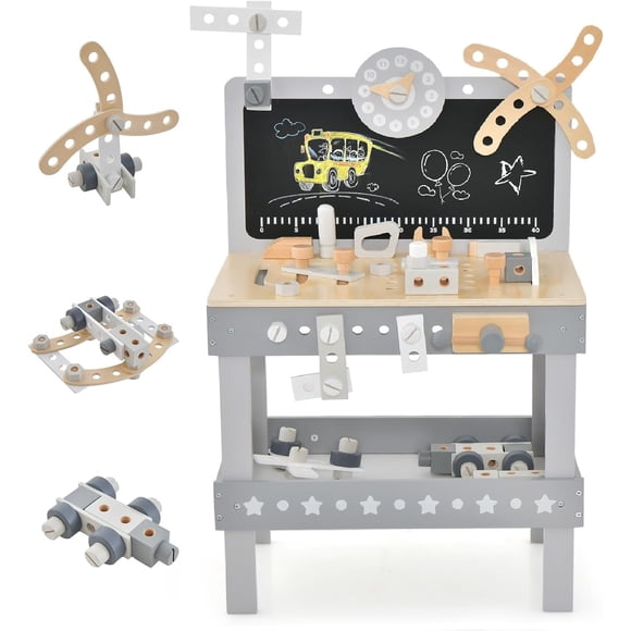 OLAKIDS Tool Bench Set for Toddlers, Kids Wooden Workbench with Blackboard Construction Building Tools and 62 Accessories, Creative Realistic Pretend Play Workshop Gift for Boys Girls