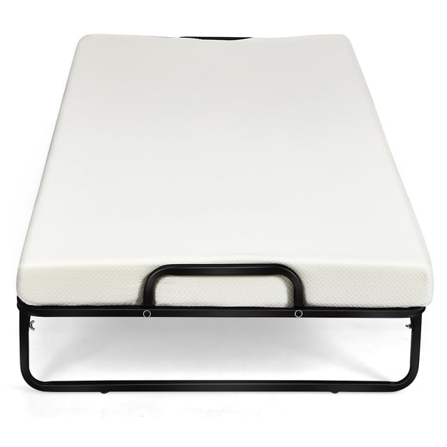 Patiojoy Lit Pliant avec Matelas en Mousse Mémoire Lit d'Appoint Roulable Lit de Jour, Doté d'Un Cadre en Acier Noir durable et d'Un Matelas en Mousse Mémoire Blanc. le Lit Est Montré Allongé, avec un design Pliable et portable Idéal pour les Espaces Compacts. Comprend des Roues Verrouillables pour la Stabilité et des Poignées pour un transport Facile, le Rendant Adapté aux Chambres d'Amis, aux Bureaux Ou comme option de Lit Confortable pour Tout-Petit.