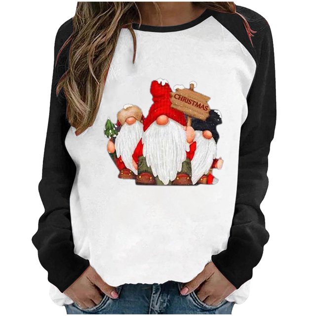 RKSTN Chandail pour Femmes de Noël à Col Rond, Chandail Imprimé du Père Noël, Manches Longues, Blouse Régulière à Empiècements