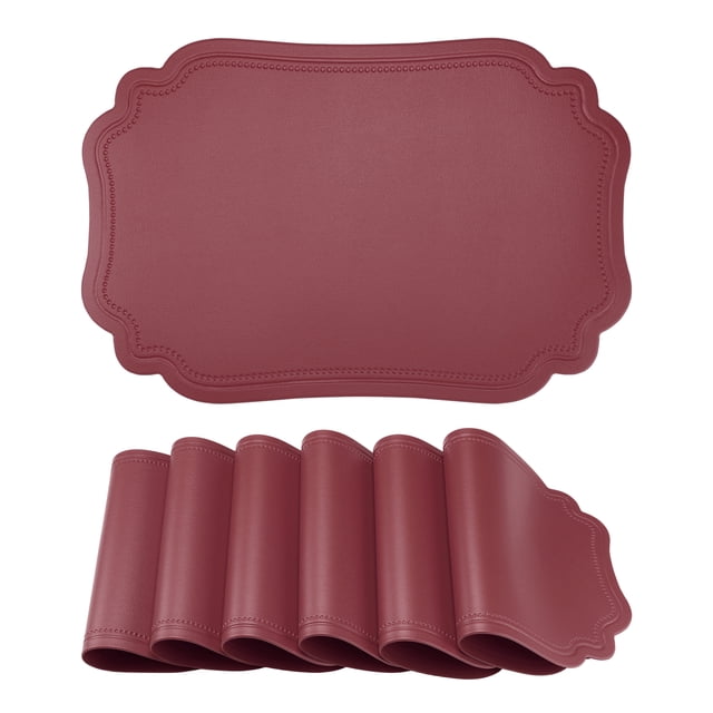 Solid Placemats Set of 6 Leather Placemats for Kitchen Dining Table Decor Washable Heat Resistant Table Placemats Sturdy Table Mat Wine Red 17.7*11.8inch