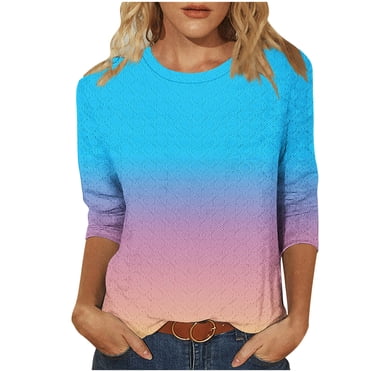 breaise Womens 3/4 Sleeve Eyelet Shirts T-Shirt Fashion Tie Dye Loose Breathable Tops Round Neck Casual Tunics Blouse Sky Blue S