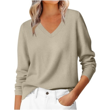 HAiming Women's Long Sleeve Shirt V Neck Knit Tops Casual Soft Classic Pullover Sweater Spring Clothes Khaki S