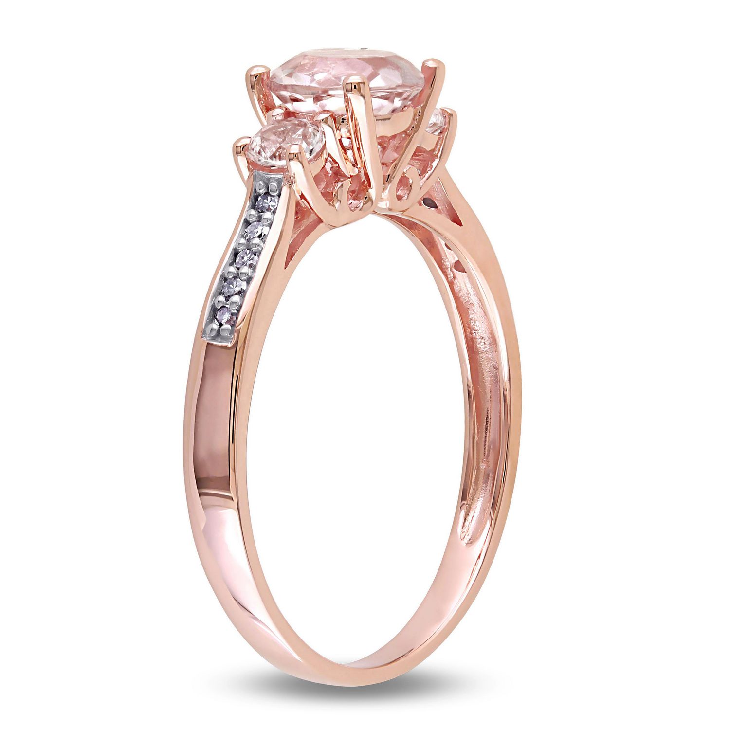 Bague à trois pierres Tangelo avec accents de diamants, saphirs blancs synthétiques et morganite 1,14 ct PBT en or rosé 10k