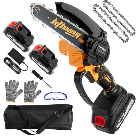 Dereal Mini Tronçonneuse 2 Batteries et 2 Chaînes, Tronçonneuses Électriques Portatives Sans Fil de 6 Pouces, Ciseaux à Élaguer, Tronçonneuses pour Branches d'Arbres, Cour, Maison et Jardin