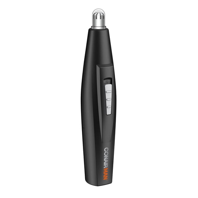 Conair for Men Grooming Battery Operated Nose Ear Hair Trimmer in black with a slim ergonomic design, silver power switch, and rounded metal trimming head, cordless and lightweight for safe trimming of nose, ear, and eyebrow hair, ideal for travel grooming.