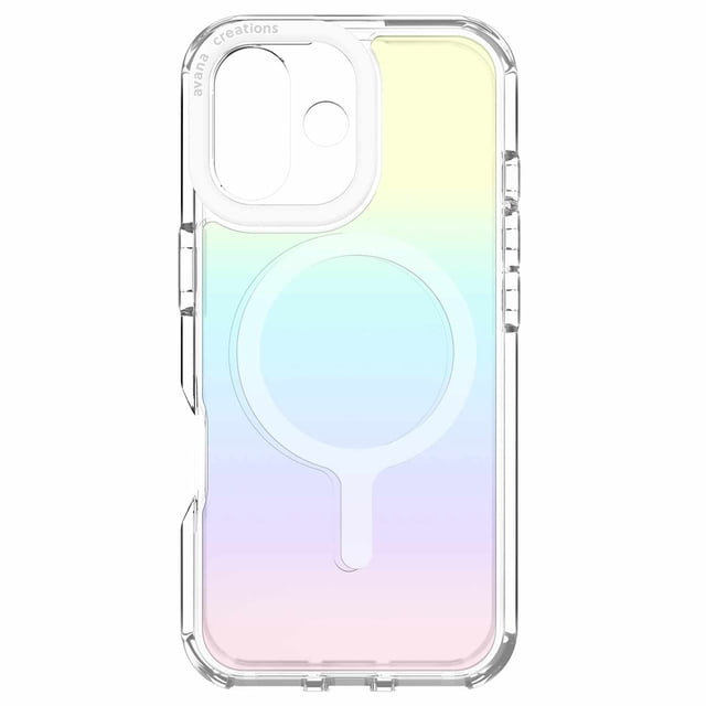 Avana Étui MagSafe Givre Cosmique Violet pour iPhone 17 avec une Étui Transparente et Iridescente avec un Dégradé pastel du Jaune au Violet, Bords Surélevés Autour de la Baie de l'Appareil Photo, Anneau MagSafe visible, Fente pour Bracelet pour Breloques, protection contre les Chutes de 10 Pi, surface Résistante aux Bavures, et Fabriquée à Partir de Matériaux 100 % Recyclés.