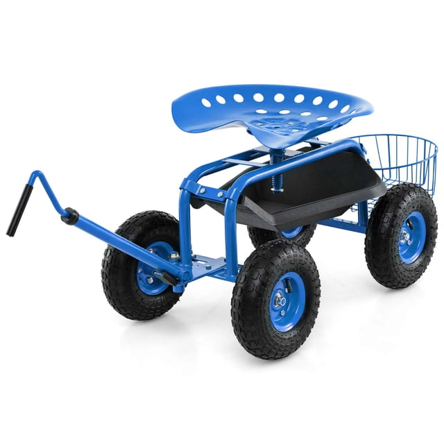 Costway Chariot de Jardin à Roulettes Siège de Travail Chariot Trottinette pour la Plantation avec Poignée Extensible Bleu