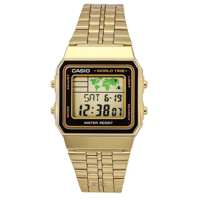 Casio Montre pour Homme Numérique en Acier Inoxydable Heure Mondiale A500WGA-1DF A500WGA-1 avec Boîtier et bracelet en Acier Inoxydable Ton Or de Style Rétro. l'Affichage Numérique Comprend une Carte du Monde pour la Fonctionnalité Heure Mondiale, la date et l'Heure. les Fonctionnalités Supplémentaires Incluent un Rétroéclairage LED, un Chronomètre Multi-Heure pour Quatre Villes, un Chronomètre 1/100 Seconde et une Résistance à l'Eau. la Montre Mesure Environ 39 mm et a un Cadran en Verre Sphérique.
