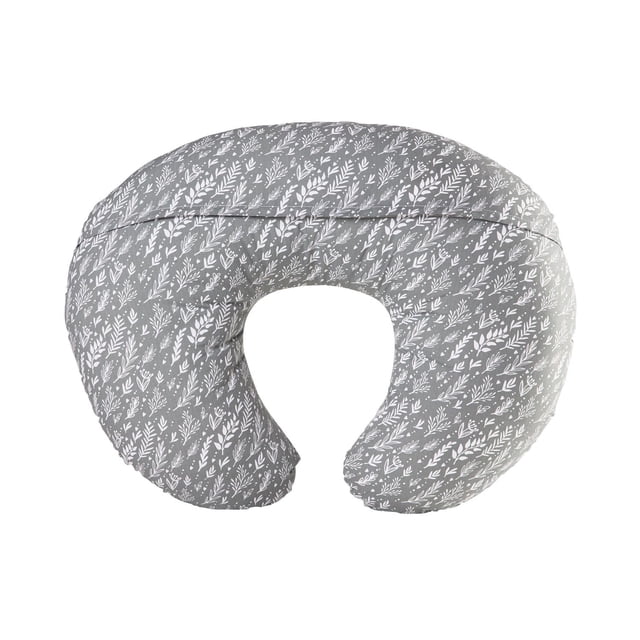 Dr. Brown's Breastfeeding Pillow with removable grey cotton blend cover featuring white leaf and floral patterns, U-shaped for ergonomic nursing support, machine washable, ideal for feeding, tummy time, and baby sitting development.