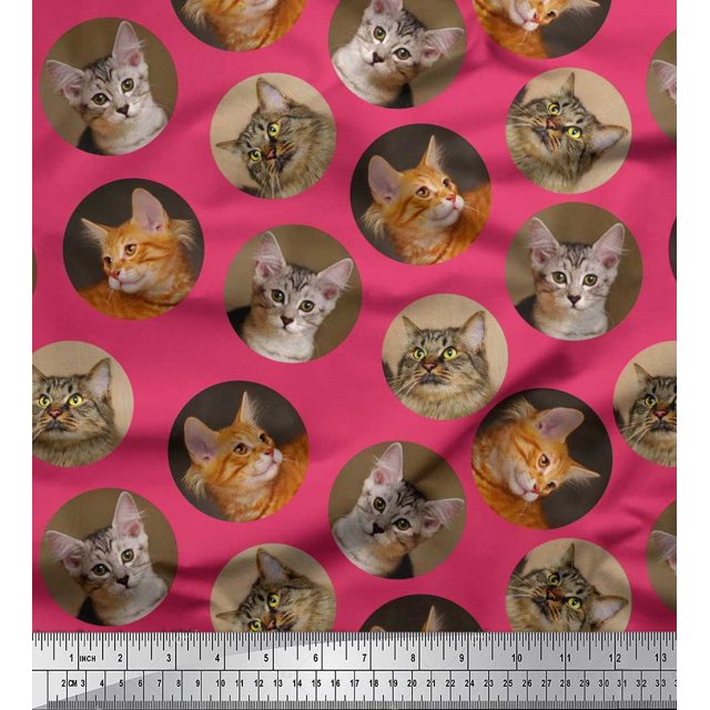 Soimoi Silk Fabric Cat Face Animal Print Fabric by Yard 42 Inch Wide