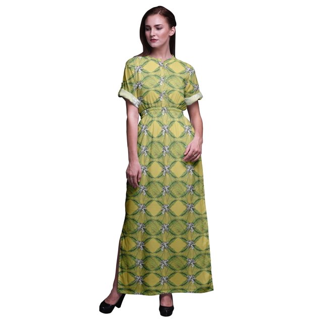 Bimba Robe Longue d'Été en Rayonne Imprimée Pin et Feuilles à Manches Kimono avec Fente - Très Petit