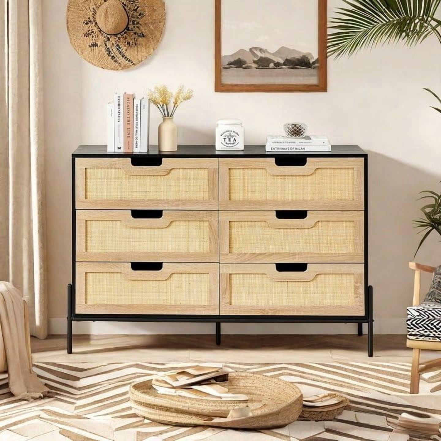 DSstyles 6 Drawers Dresser for Bedroom, Tall Dresser with Natural Rattan Drawers, Modern Farmhouse Chest of Drawers with Storage Cabinet, Wooden Dresser for Closet for Living Room, Nursery, Entryway