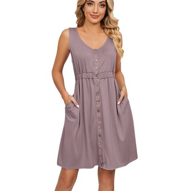 Birdeem Robe Sans Manches à Col en V Unie avec Poches pour Femmes