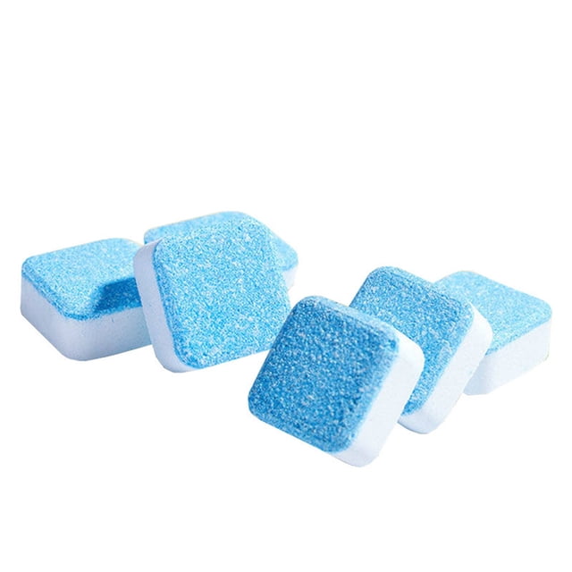 Washing Machine Cleaner Tablets - 12 Pack Descaler & Deodorizer for HE/Top Load Washers, shown as blue and white square tablets. Designed with a citric acid enzyme formula to remove limescale, mold, and residues. Suitable for front load, top load, and high-efficiency washers. Septic safe and environmentally friendly.
