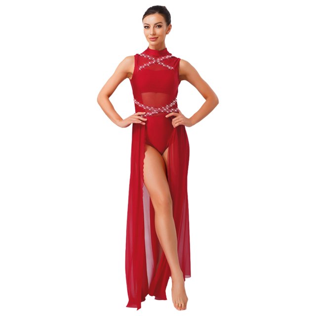 renvena Costumes de Danse Lyrique pour Femmes Sans Manches à Col Roulé Dos Nu Robe Maxi en Maille Tulle Bourgogne TTG