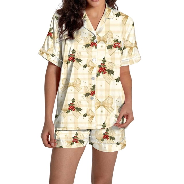 Pyjama pour Femmes en Satin Imprimé Graphique, Mignon, Tenue de Nuit, Boutons, Hauts à Manches Courtes, Ensembles de Shorts