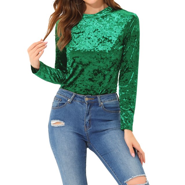 INSPIRE CHIC T-Shirts en Velours pour Femmes Col Rond Manches Longues Décontracté TP Vert