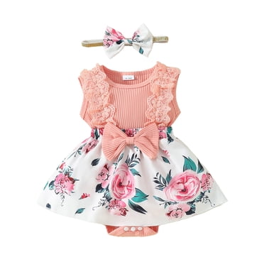 MIASHUI Ensemble de Vêtements pour Bébé Fille, Robe Barboteuse Sans Manches, Ourlet de Jupe à Motif Floral, Serre-Têtes, Rouge, 9-12 Mois