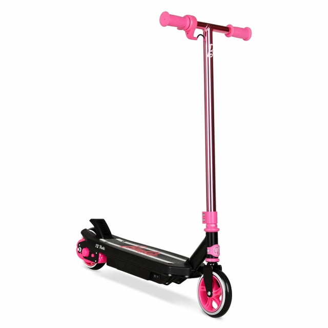 Barbie 12 Volt Kids Electric Scooter Ride on for Age Group 8+, 10 mph Max Speed, angled front view of a black and pink electric scooter with pink rubber grips, pink wheels, wide grip tape foot platform, rear foot brake, kickstand, and twist throttle for progressive acceleration, designed for kids 8 years and older with a 90W motor and 12-volt battery.