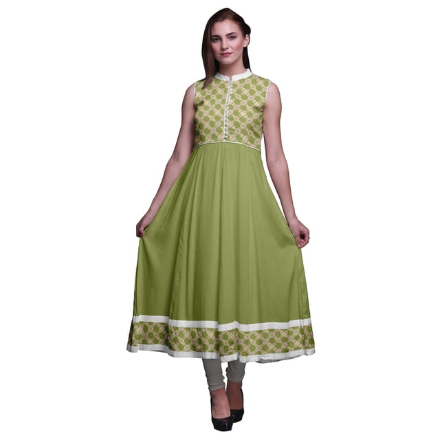 Bimba Robe Anarkali Vert Olive2 Aquarelle Col Mandarin Sans Manches Kurtis pour Femmes Imprimé Robe Maxi Moyen