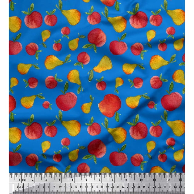 Soimoi Blue polyester Crepe Fabric Mix Fruit Print Fabric by the Yard 42 Inch Wide