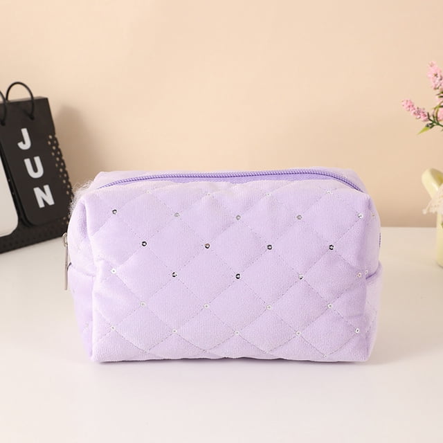 HOARBOEG Velvet Sequin Diamond Patterned Makeup Bag For Girls With Large Capacity Storage Student Zipper Stationery Bag Pencil Case