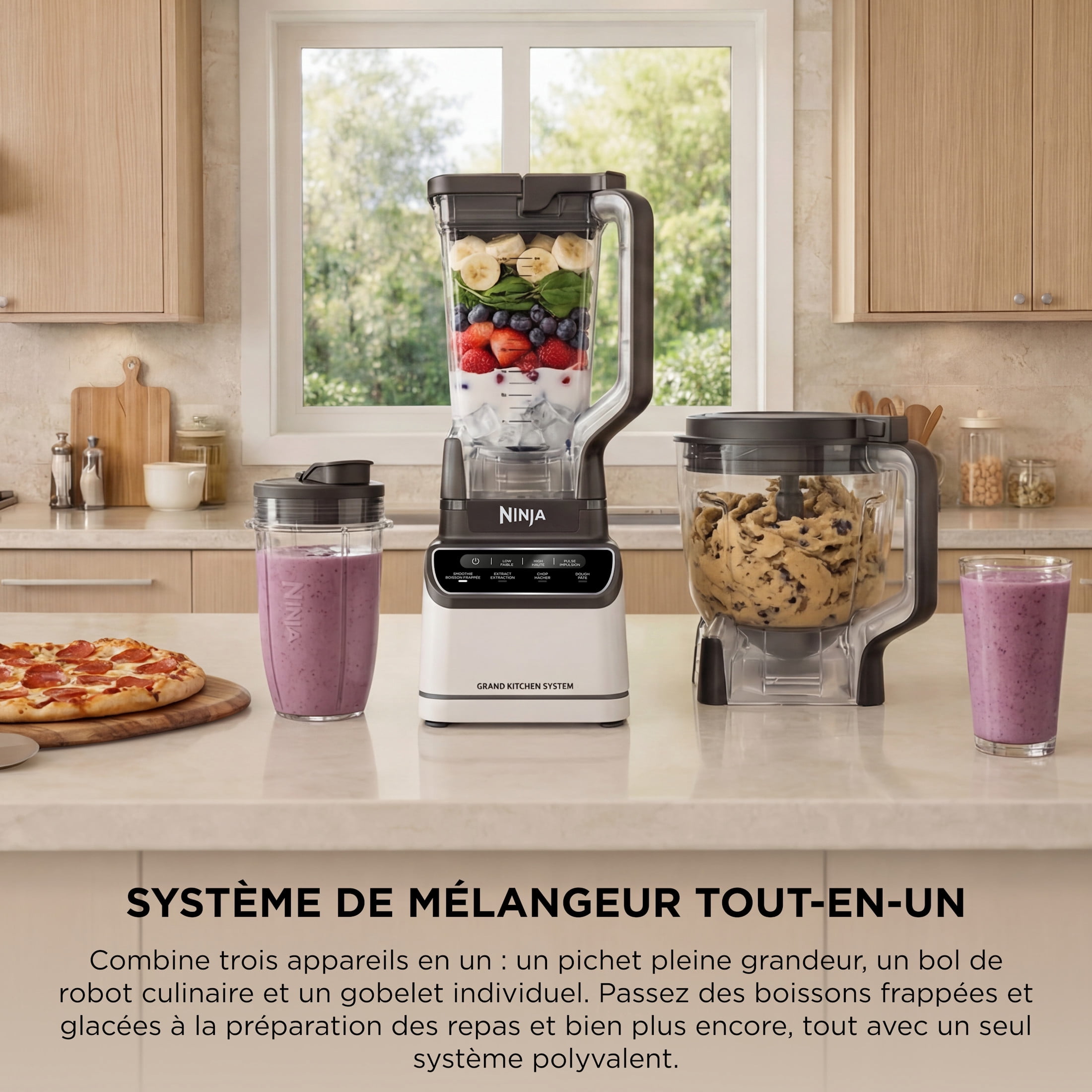 Système de cuisine Ninja Grand Mélangeur, Boisson frappée, Hachage, Pâte, 4 programmes préréglés, 3 vitesses, 1200 W, 72 oz (2,1 L), KS500C blanc