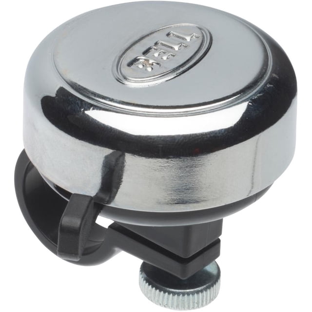 Bell Sports Dinger 200 Bike Bell with chrome finish and embossed Bell logo, featuring a black plastic mounting bracket with adjustable screw and rubber shim to prevent handlebar scratches, designed for easy installation on most bike handlebars.