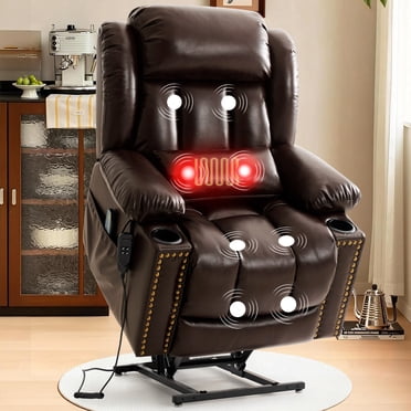 INGALIK Dual Motor Large Power Lift Recliner Chair For Elderly, Infinite Position Lay Flat Recliner with Massage and Heat, Electric Leather Recliner, Extended Footrest, USB Ports, Cup Holders (Brown)