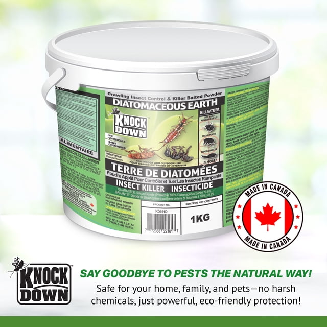 KNOCK DOWN Tueur d'Insectes de Terre de Diatomées, un Seau de 1 kg avec Dessus Shaker, Idéal pour le Contrôle Naturel des Organismes Antiparasitaires à l'Intérieur et à l'Extérieur. la Formule de Qualité Alimentaire Cible les Blattes, les Puces, les Fourmis, les Poissons Argentés et les Punaises de Lit, avec un Appât à Double Action pour une Élimination Plus Rapide. Sécuritaire pour les Animaux de Compagnie et la Famille, Offre une protection insecticide Écoresponsable. Fabriqué au Canada, la Marque Est visible.