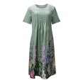 thumbnail image 3 of QJUHUNG Midi pour Femmes Été Décontracté Ample Bohème à Imprimé Floral Col Ras du Cou Manches Courtes Longueur Genou Robe Froncée avec Poches, 3 of 4