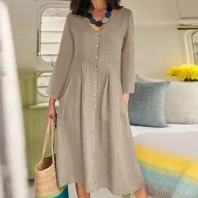 Gspmoly Robes d'Été, Mode Femmes Col en V Uni Manches Longues Bouton Robe Décontractée Longueur Genou Robes Formelles pour Femmes Liquidation