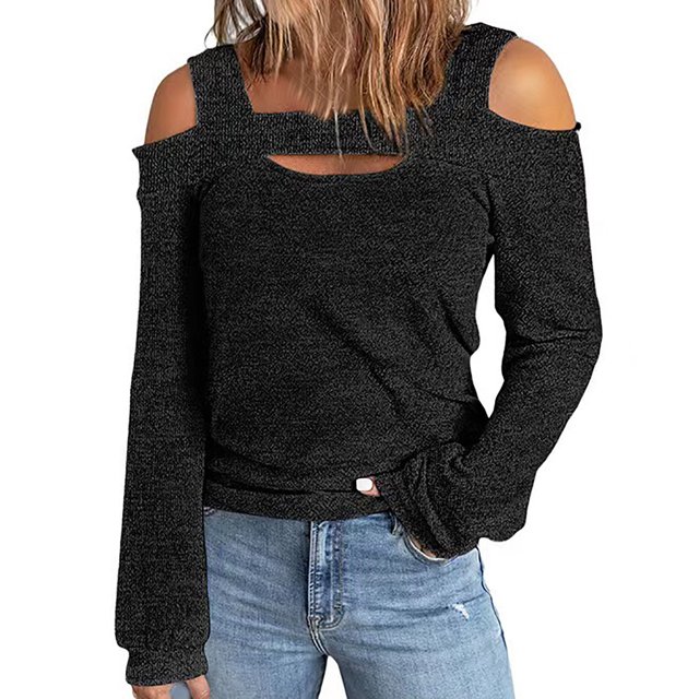 Pisexur Crewneck Shirts for Women Solid Color Off-shoulder Patchwork Tunic Tops Halter-Neck Long Sleeve Compression Shirts Athletic Tight Workout Top