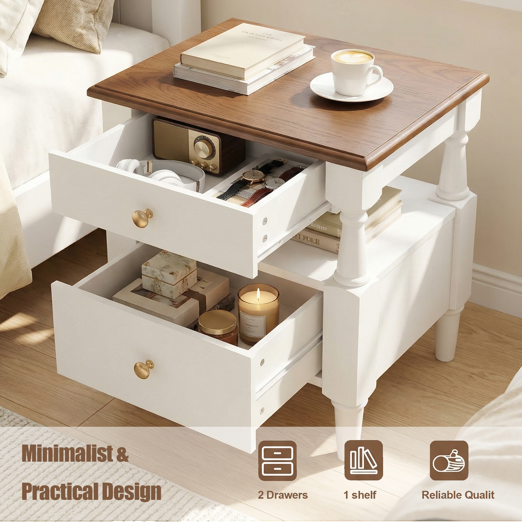 Homy Casa Seattle Contemporary MDF Bedside Table Nightstand with Drawer & Shelf, 22.44 Inch, White