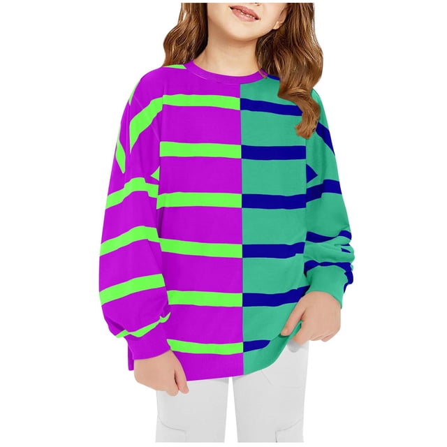 HAiming Chandails Molletonnés à Enfiler pour Filles, Tendance, à Blocs de Couleur, Rayés, Col Rond, Manches Longues, Hauts, Automne Hiver, Chemisiers Décontractés