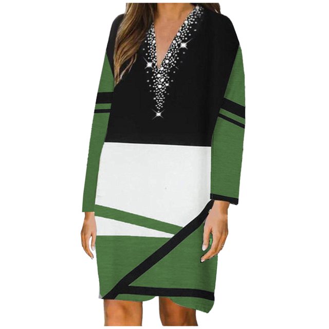 Pompotops Robe Mi-Mollet pour Femme, Mode Rétro, Imprimé Géométrique, à Panneaux, Manches Longues, Col en V, en Solde