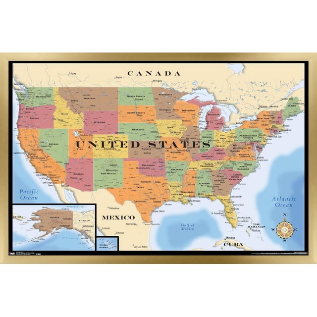 Map - USA Wall Poster, 22.375" x 34" Framed showing a detailed political map of the United States with each state in distinct pastel colors, labeled with major cities and state capitals, bordered by Canada and Mexico, and surrounded by the Pacific and Atlantic Oceans. Includes inset maps of Alaska and Hawaii, a compass rose, and clear state boundaries with major highways and cities marked. Ideal wall art for home décor, office, or educational settings.