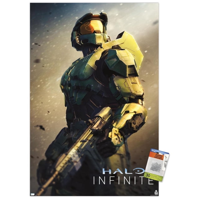 Halo Infinite - Become Wall Poster, 22.375" x 34" framed, depicting Master Chief in green and gold armor holding a rifle against a blurred dusty background with the Halo Infinite logo at the bottom, suitable for decorating bedrooms, offices, or gaming rooms.