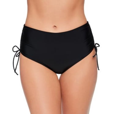 Salt + Cove Solid Shirred-Side High-Waist Bikini Bottoms Black M