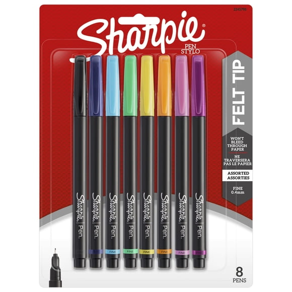 Sharpie Felt Tip Pens, Fine Point (0.4 mm), Assorted Colours, 8 Count