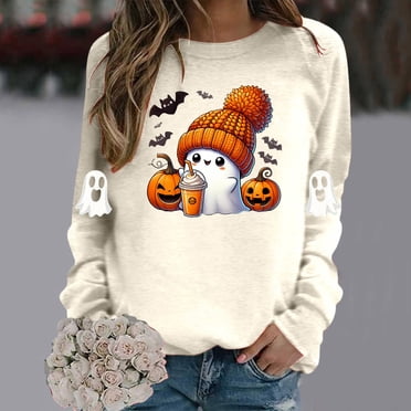 Women's Casual Halloween Print Crewneck Long Sleeve Sweatshirt Top Comfortable Fall Pullover Loose Fit Soft Blend T Shirt Large Womens Sweatsuit Casual Short Ladies Outfits Alien Hoodies Women 2t Zip