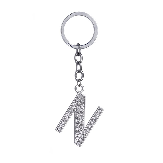 Simple Stylish Letter Key Chain Metal Rhinestones Key Ring Alphabet Keychain Bag Pendant Charm Birthday Gift with a silver letter 'N' pendant featuring rhinestone accents, attached to a durable zinc alloy ring and chain. Suitable for travel accessories, key organization, or handbag decoration.