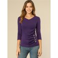 thumbnail image 3 of INSPIRE CHIC Women's Button Decor V Neck 3/4 Sleeve Solid Blouse Knitted Ruched Top, 3 of 6