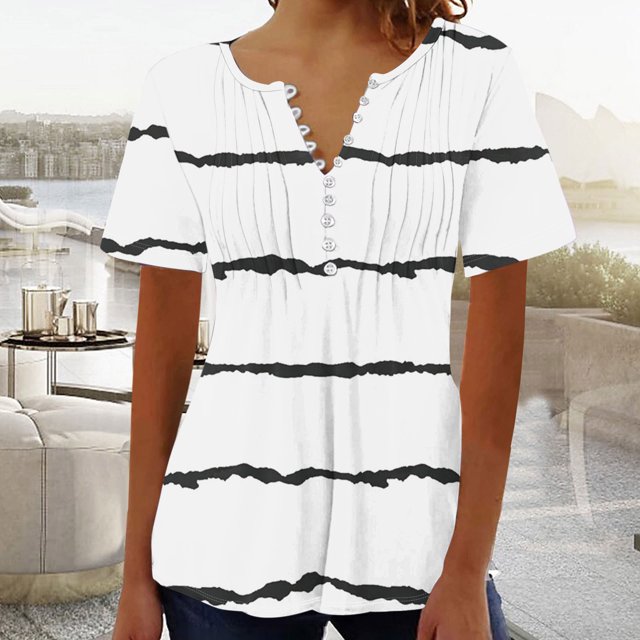 Blouses pour Femmes Haut Imprimé à Col en V Boutonné à Manches Courtes pour Femmes